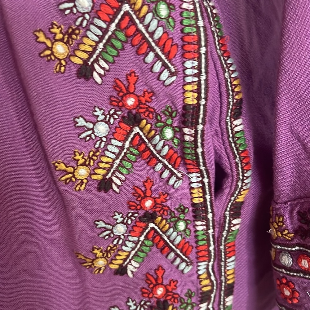 FREE PEOPLE Purple Linen Multicolored Embroidered Tunic Mini Dress Size XS - Picture 10 of 12